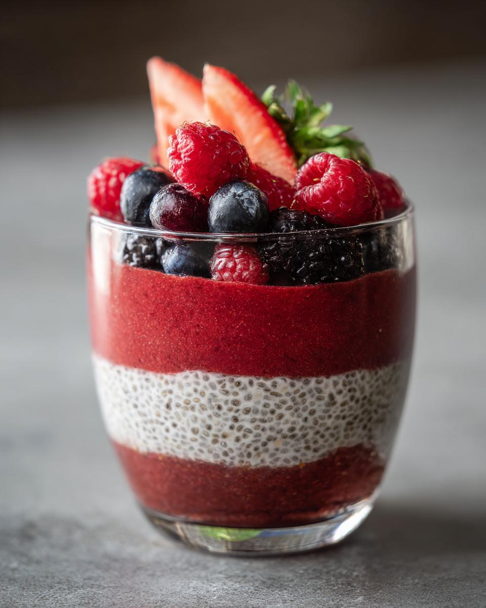 A layered watermelon chia parfait topped with fresh strawberries, raspberries, and blueberries.