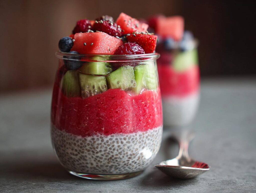 Close-up of a layered Watermelon Chia Parfait with fresh fruit like strawberries, blueberries, kiwi, and watermelon chunks.