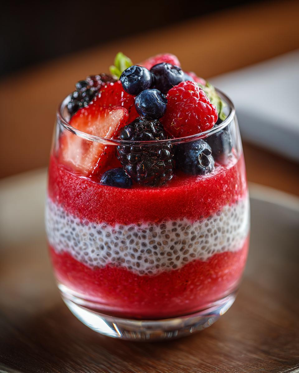 Close-up of a glass filled with layered watermelon recipes for chia parfaits, topped with fresh berries.