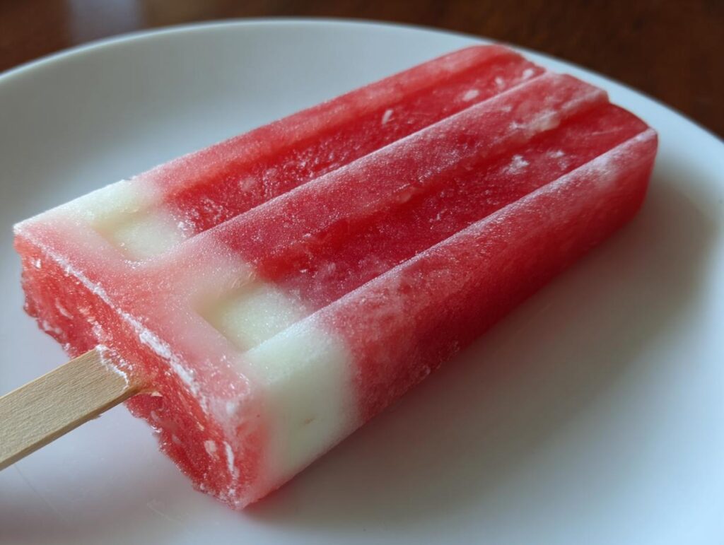 A refreshing watermelon and coconut lime popsicle on a white plate, perfect for kids.