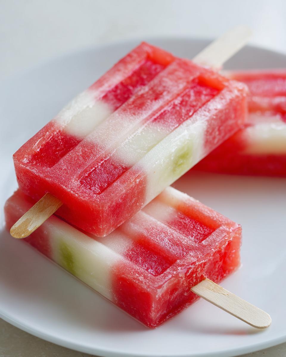 Close-up of layered watermelon and coconut lime popsicles on a white plate, perfect for watermelon recipes.