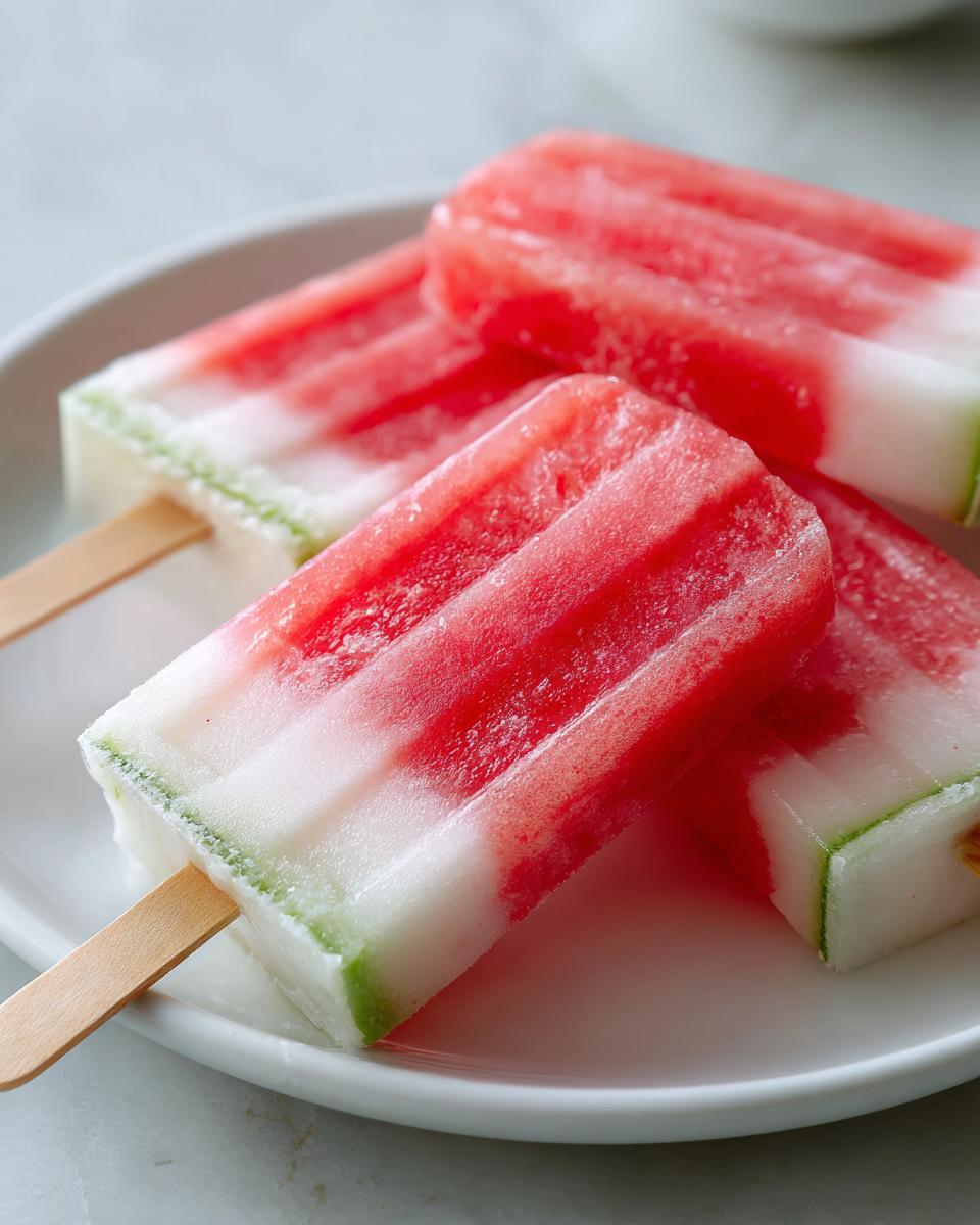 Three refreshing watermelon recipes with coconut lime popsicles on a white plate, perfect for kids.