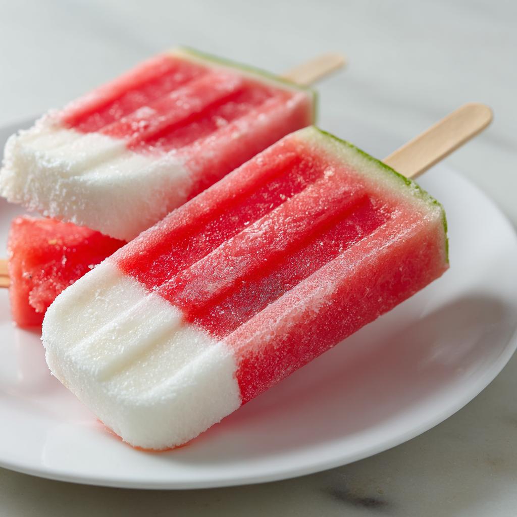 Two refreshing watermelon and coconut lime popsicles on a white plate, a perfect summer treat for kids.
