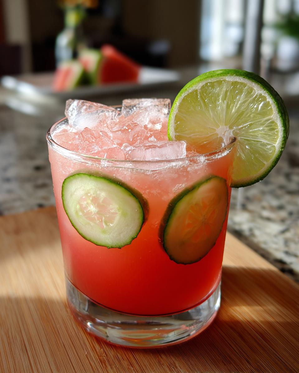 A glass of pink Watermelon Cucumber Agua Fresca garnished with cucumber slices and a lime wedge, filled with ice.