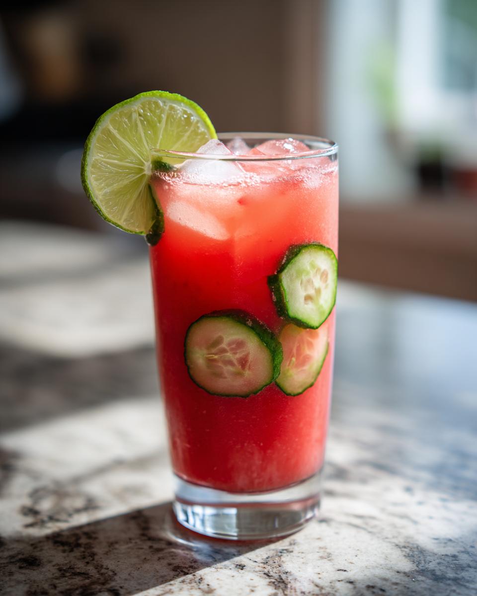 A tall glass of pink watermelon and cucumber agua fresca, garnished with lime and cucumber slices.