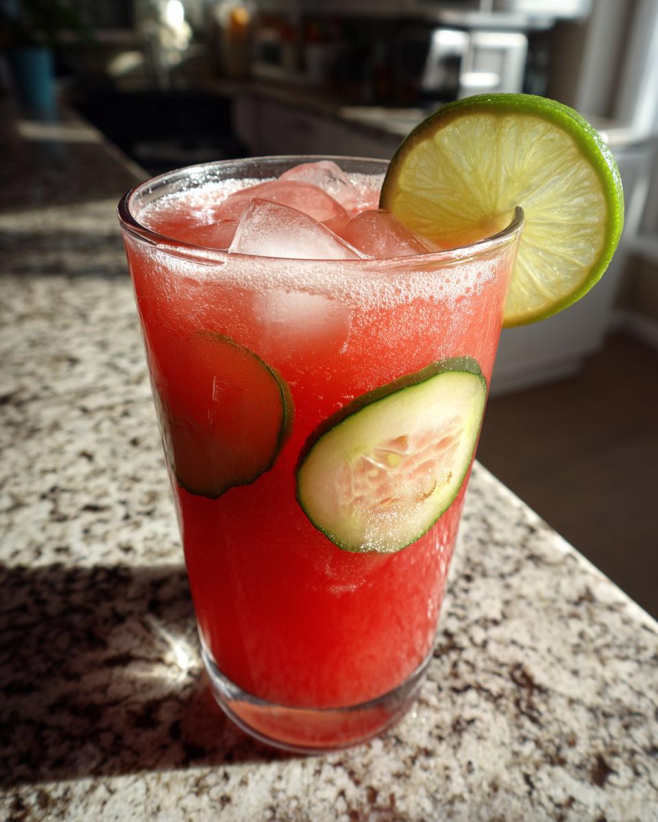 A tall glass of vibrant pink Cucumber Agua Fresca, filled with ice, watermelon, cucumber slices, and a lime wedge.
