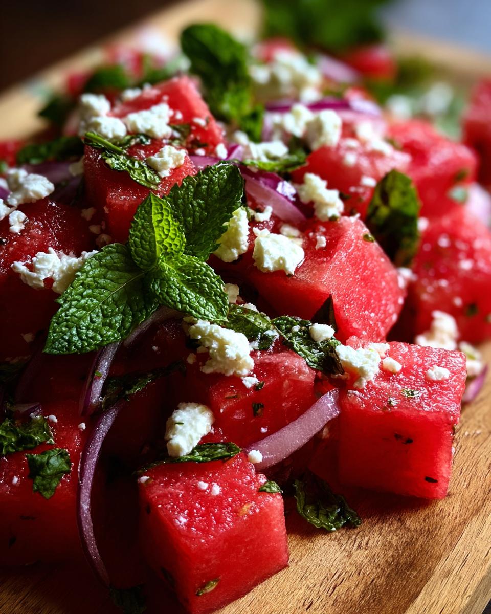 Close-up of a vibrant Watermelon Feta Mint Salad with cubed watermelon, crumbled feta, red onion, and fresh mint leaves.