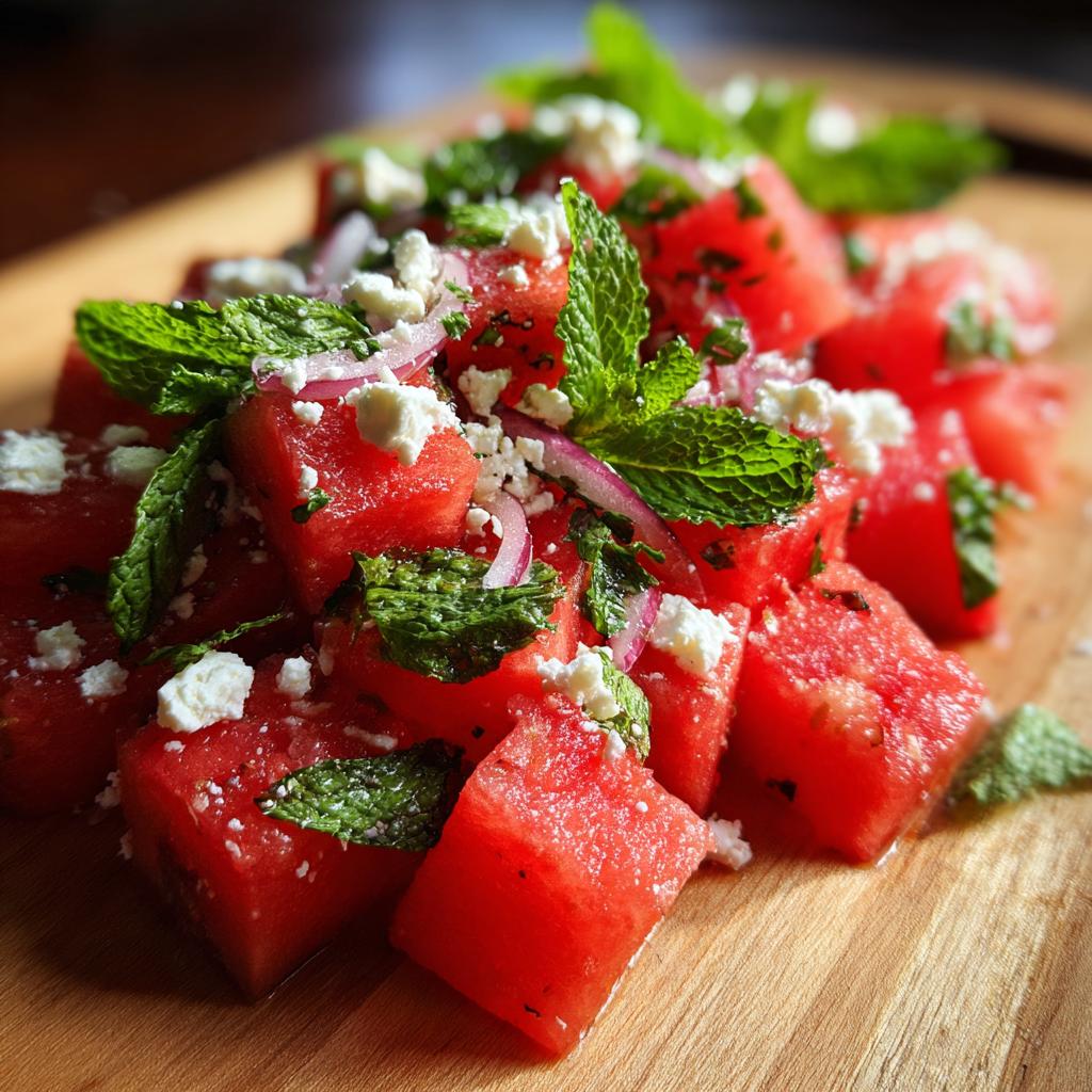 Close-up of a refreshing watermelon feta mint salad with red onion on a wooden board.