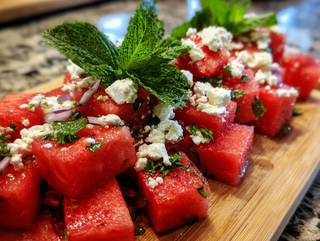 Close-up of a vibrant Watermelon Feta Mint Salad, featuring cubed watermelon, crumbled feta cheese, fresh mint, and red onion on a wooden board.