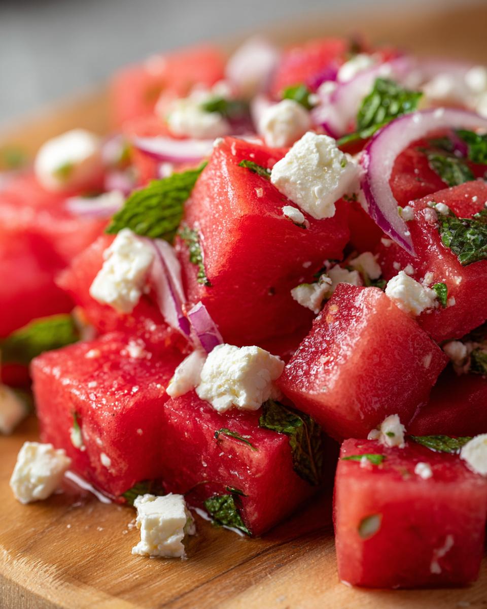 Close-up of a refreshing Watermelon Feta Mint Salad with cubed watermelon, crumbled feta, and fresh mint leaves.