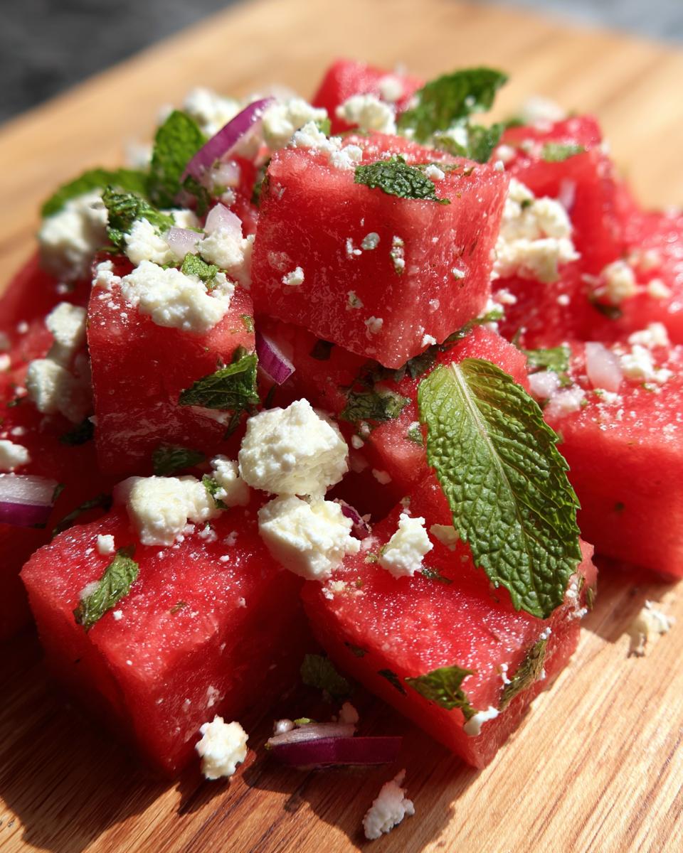 Close-up of a refreshing watermelon feta mint salad with red onion on a wooden board, perfect for hot summer days.