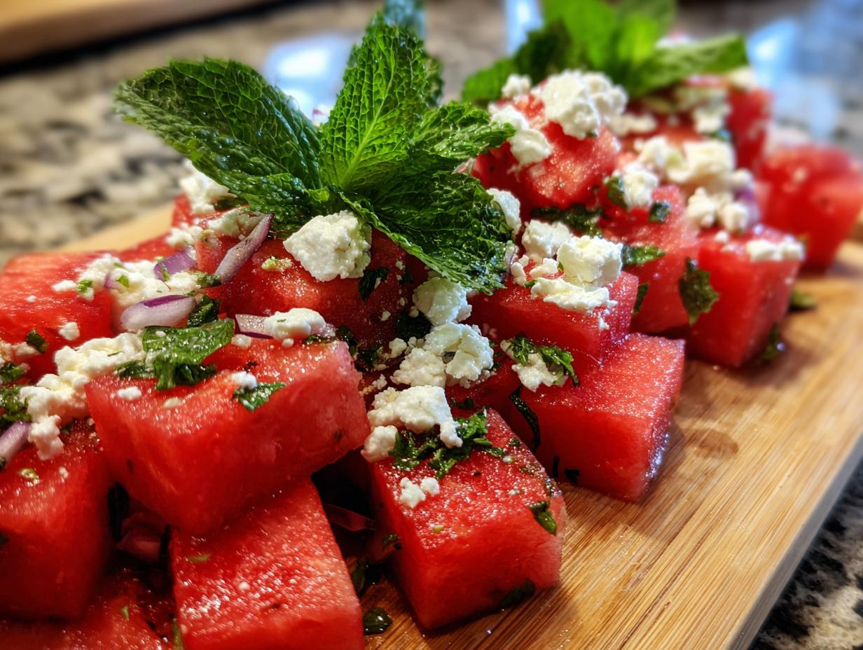 Close-up of a vibrant Watermelon Feta Mint Salad, featuring cubed watermelon, crumbled feta cheese, fresh mint, and red onion on a wooden board.