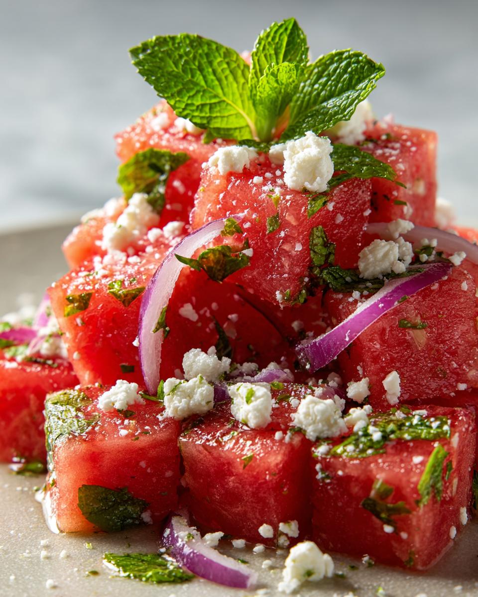 Close-up of a refreshing watermelon feta mint salad with red onion and fresh mint leaves.