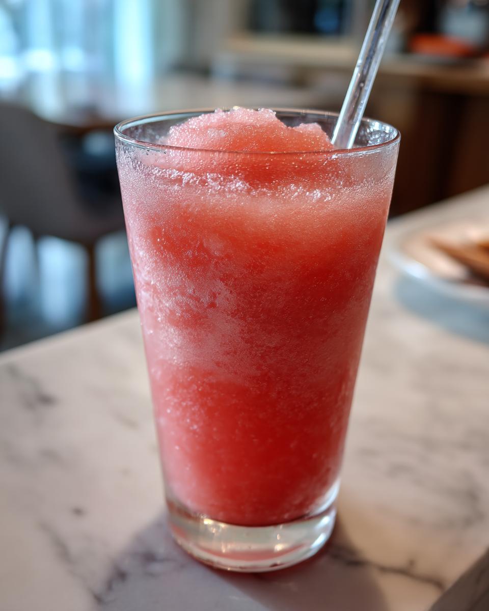 A tall glass filled with a frosty, pink watermelon and frozen lemonade slushy, with a straw.