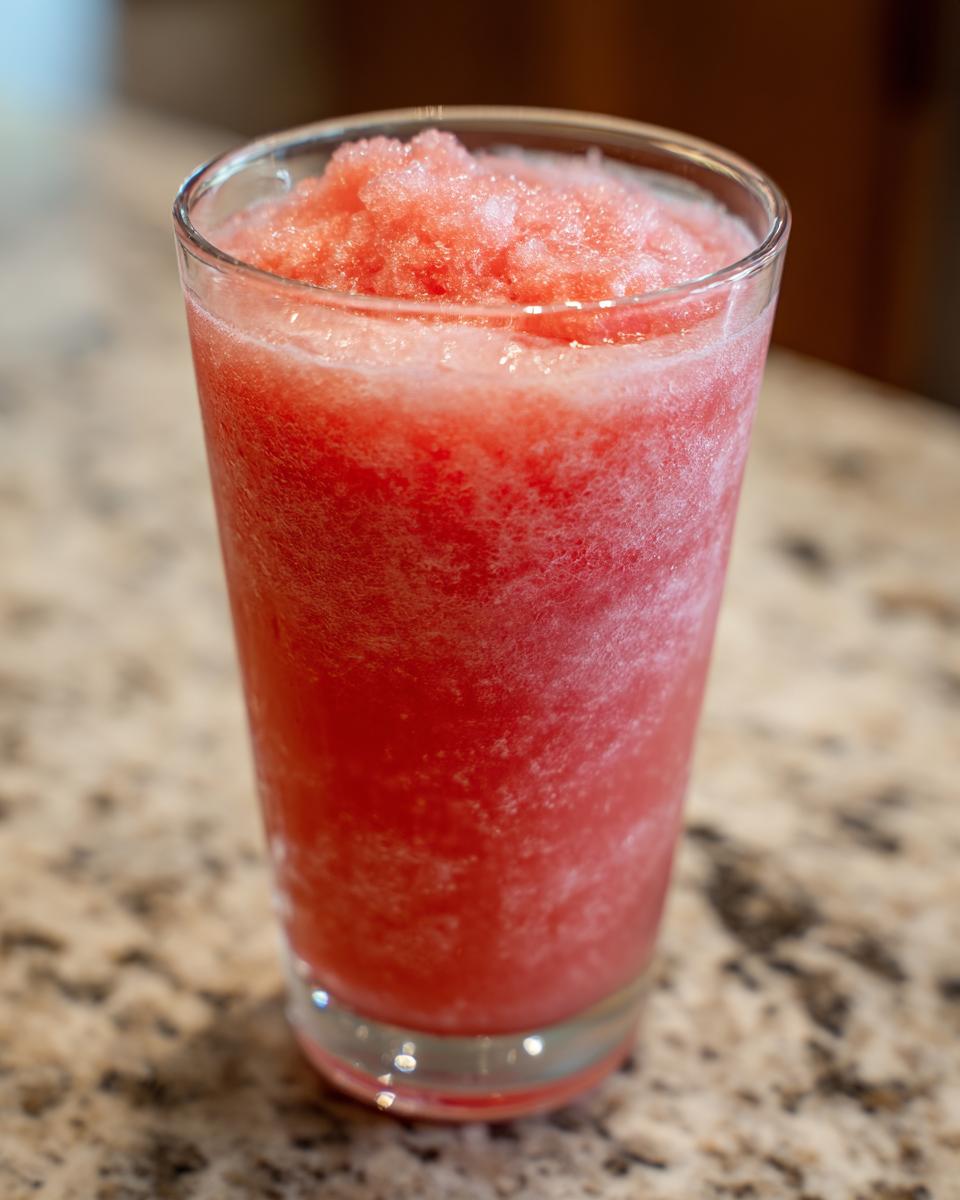 A tall glass filled with a frosty, pink watermelon slushy, perfect for poolside sipping.