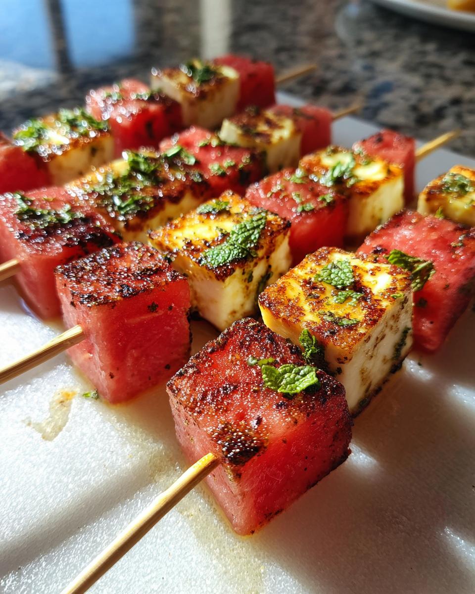 Close-up of grilled watermelon and halloumi cheese skewers, garnished with fresh mint.