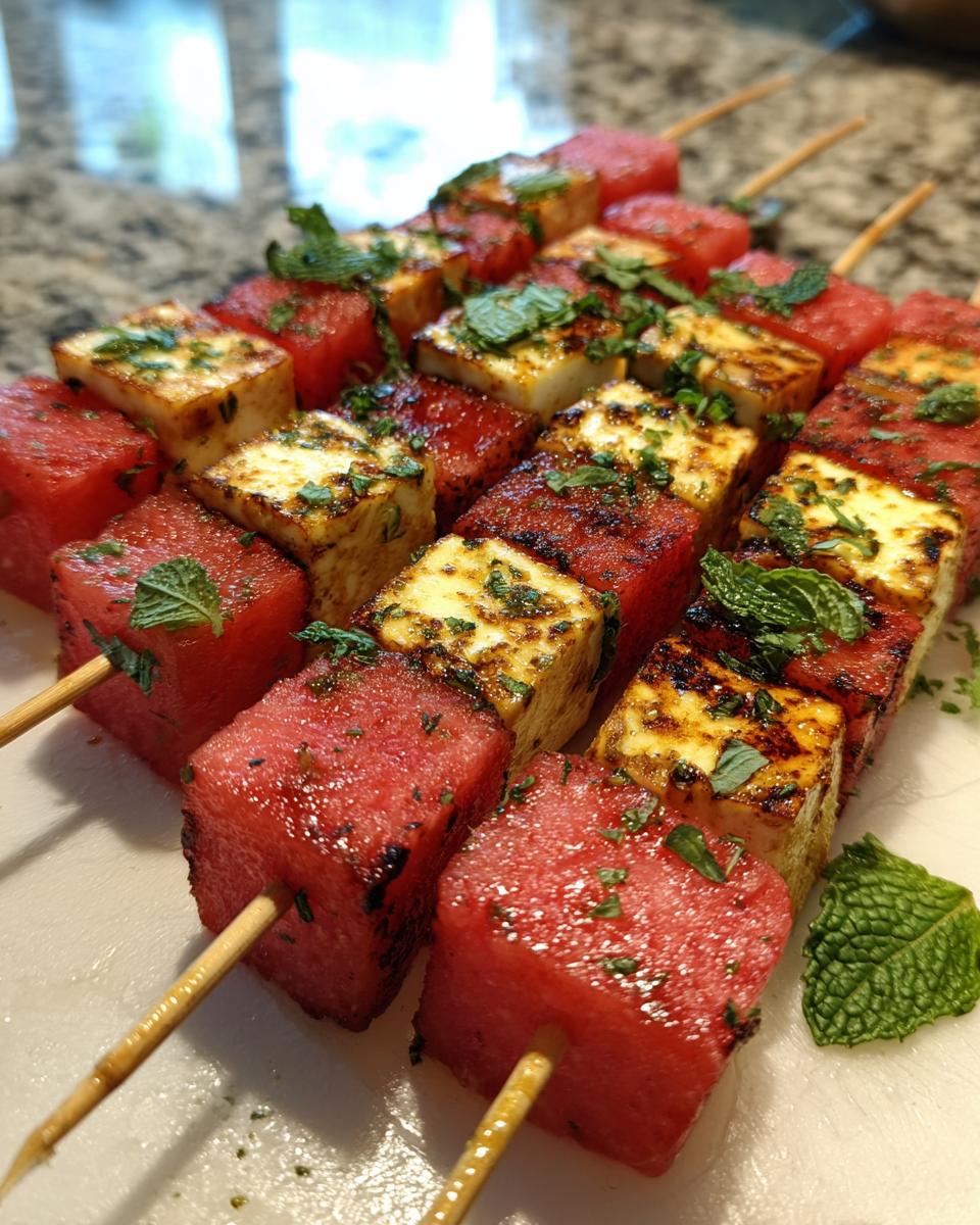 Close-up of grilled watermelon and halloumi cheese skewers, garnished with fresh mint.