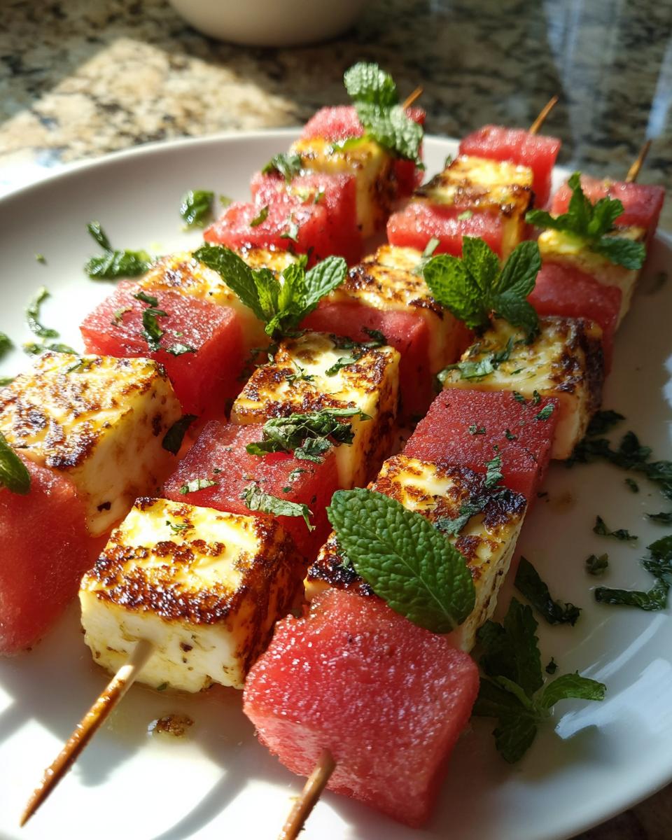 Close-up of grilled watermelon and halloumi cheese skewers, garnished with fresh mint leaves.