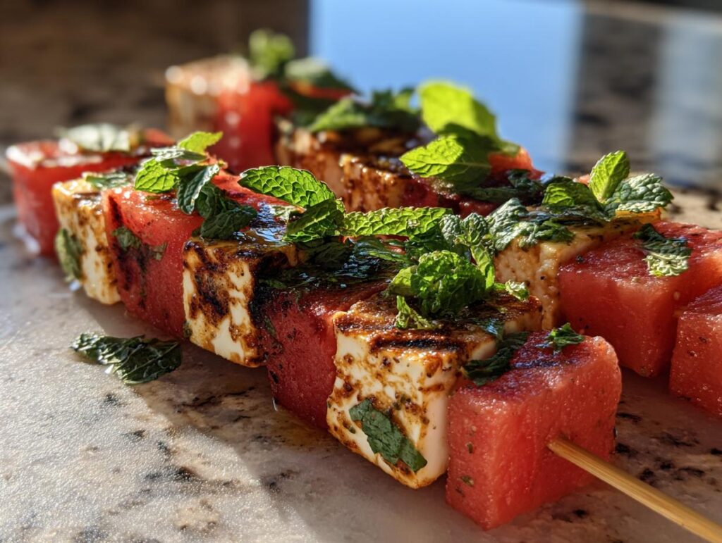 Close-up of grilled watermelon and halloumi cheese skewers, garnished with fresh mint leaves.