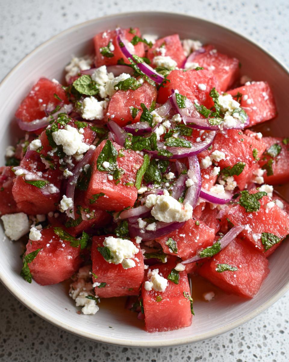A refreshing summer salad with cubed watermelon, crumbled feta cheese, fresh mint, and thinly sliced red onion.