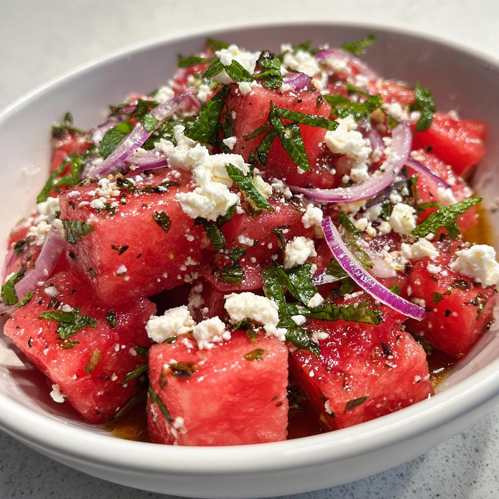 A refreshing summer salad with cubed watermelon, crumbled feta cheese, fresh mint, and thinly sliced red onion.