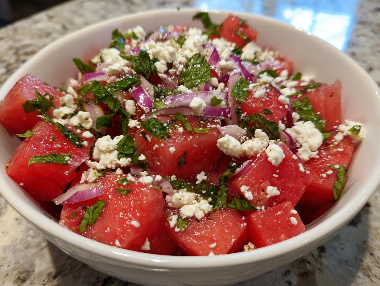 Close-up of a refreshing summer salad with cubed watermelon, crumbled feta cheese, chopped mint, and red onion.