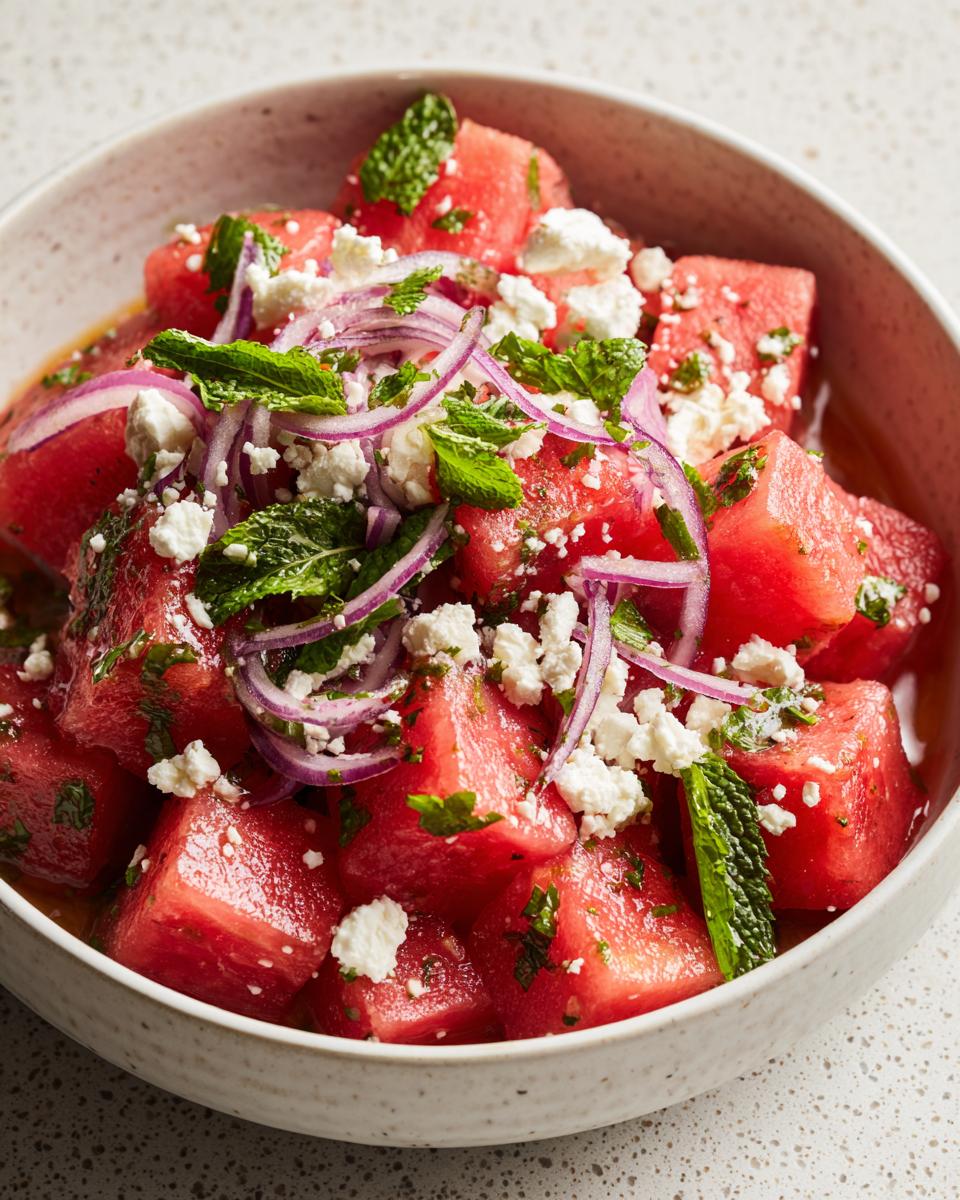 A vibrant bowl of summer salad recipes with watermelon, mint, and salty feta cheese, topped with red onion.