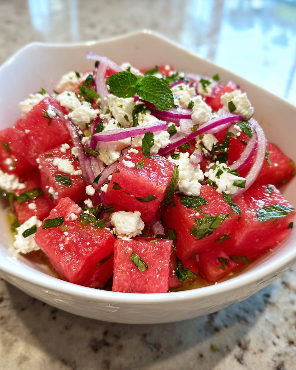 Close-up of a refreshing summer salad with cubed watermelon, crumbled feta cheese, red onion, and fresh mint.