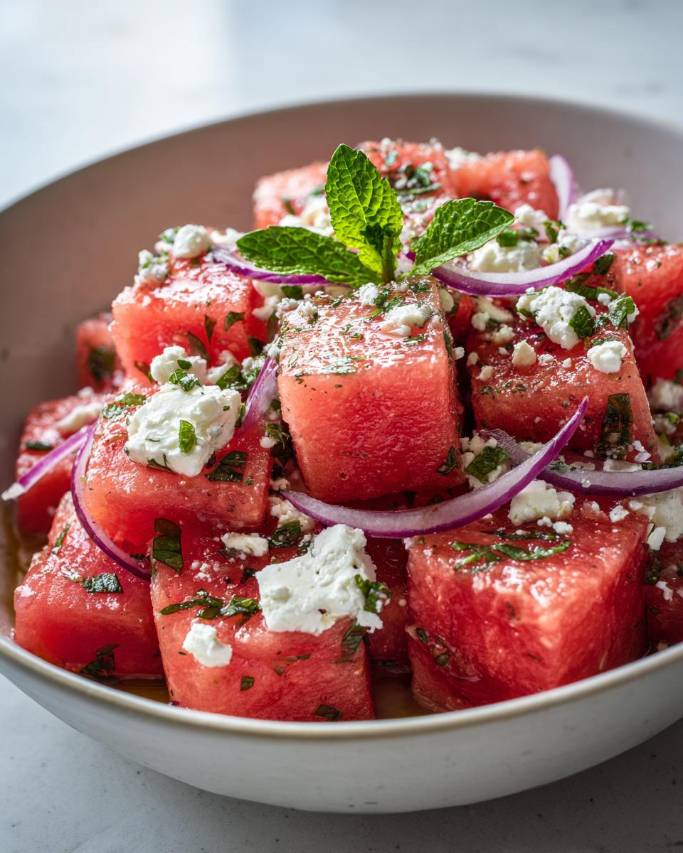 Close-up of a refreshing watermelon, mint, and feta salad, a perfect summer salad recipe.