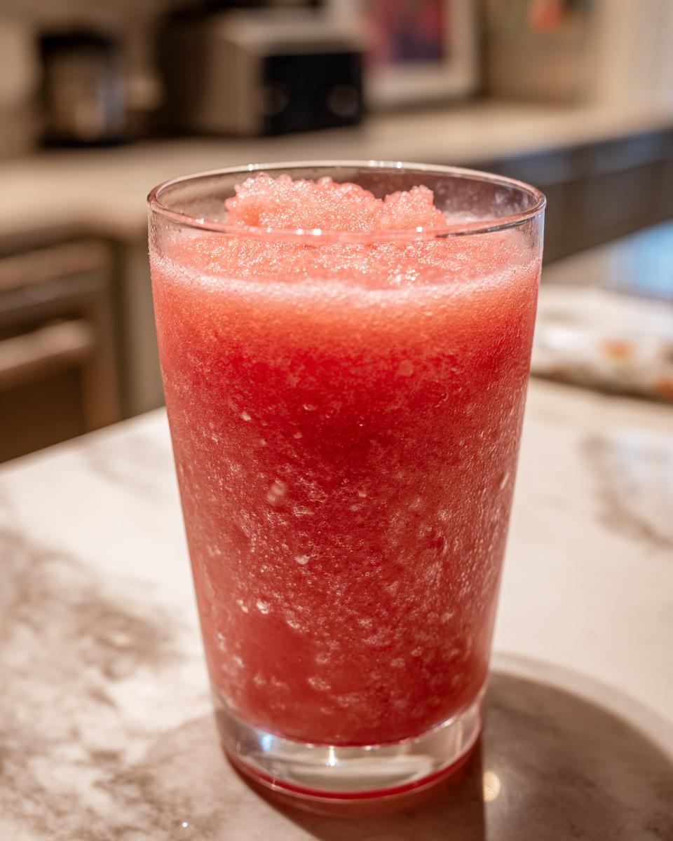 A tall glass filled with a frosty, pink watermelon and frozen lemonade slushy.