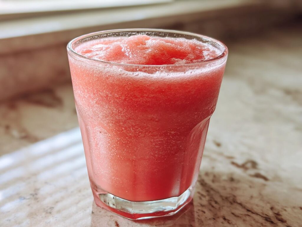A close-up of a glass filled with a frosty, pink watermelon and frozen lemonade slushy.