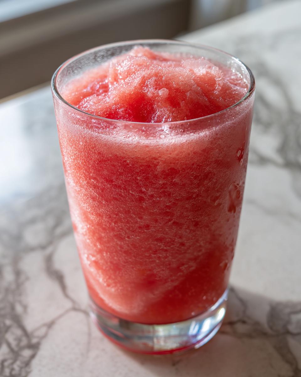Close-up of a tall glass filled with a frosty, pink watermelon slushy, perfect for poolside sipping.