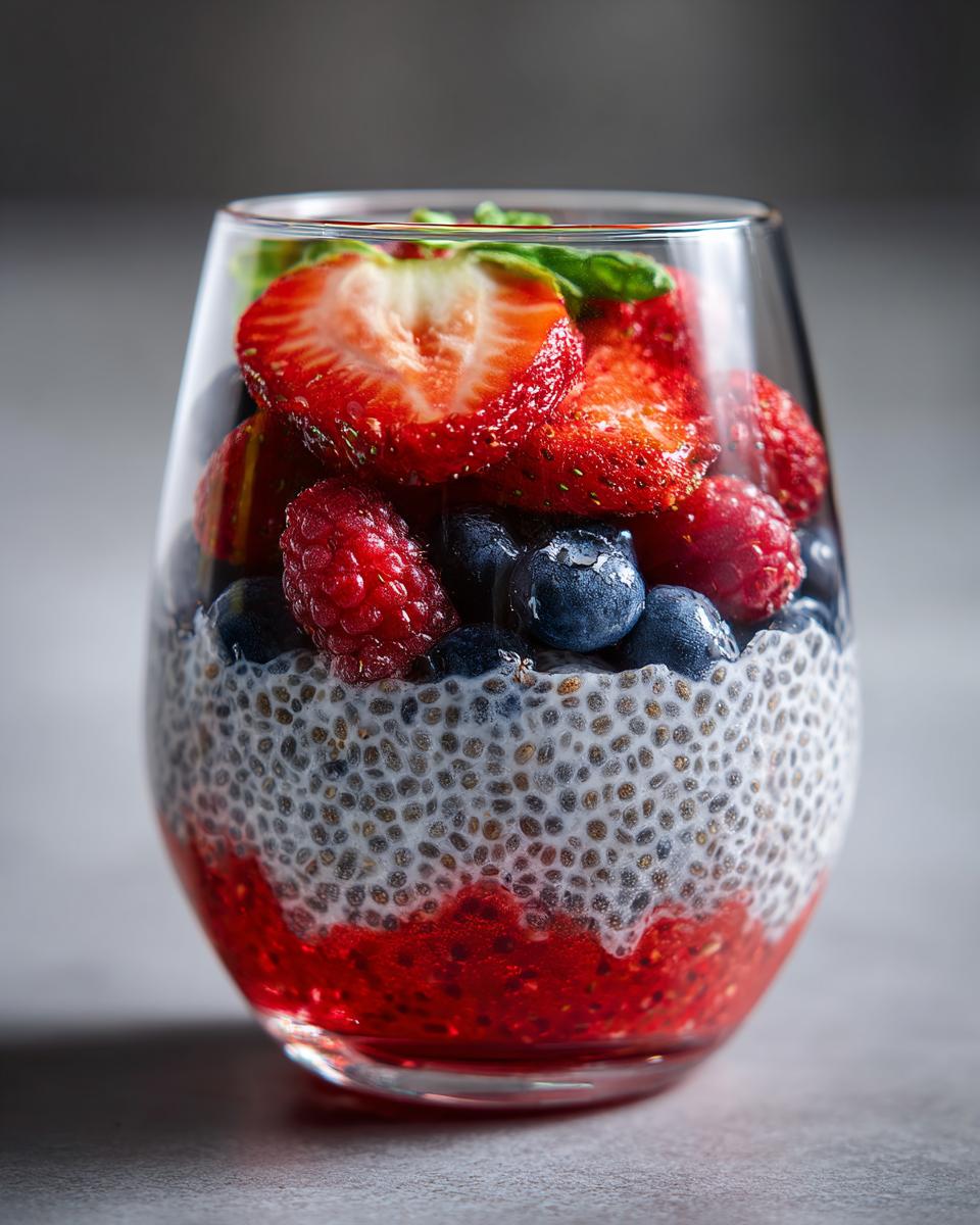Close-up of a layered chia parfait with a strawberry puree base, chia pudding, blueberries, raspberries, and strawberries on top.