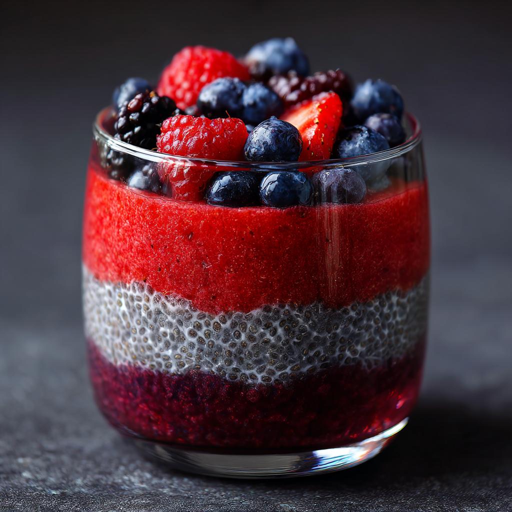A refreshing watermelon chia parfait with layers of fruit, topped with fresh berries.