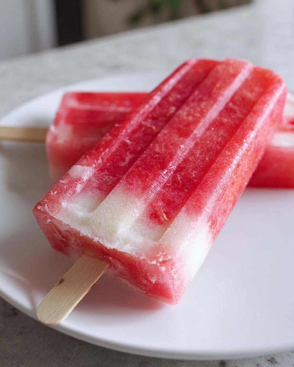 Close-up of refreshing watermelon recipes with coconut lime popsicles on a white plate.