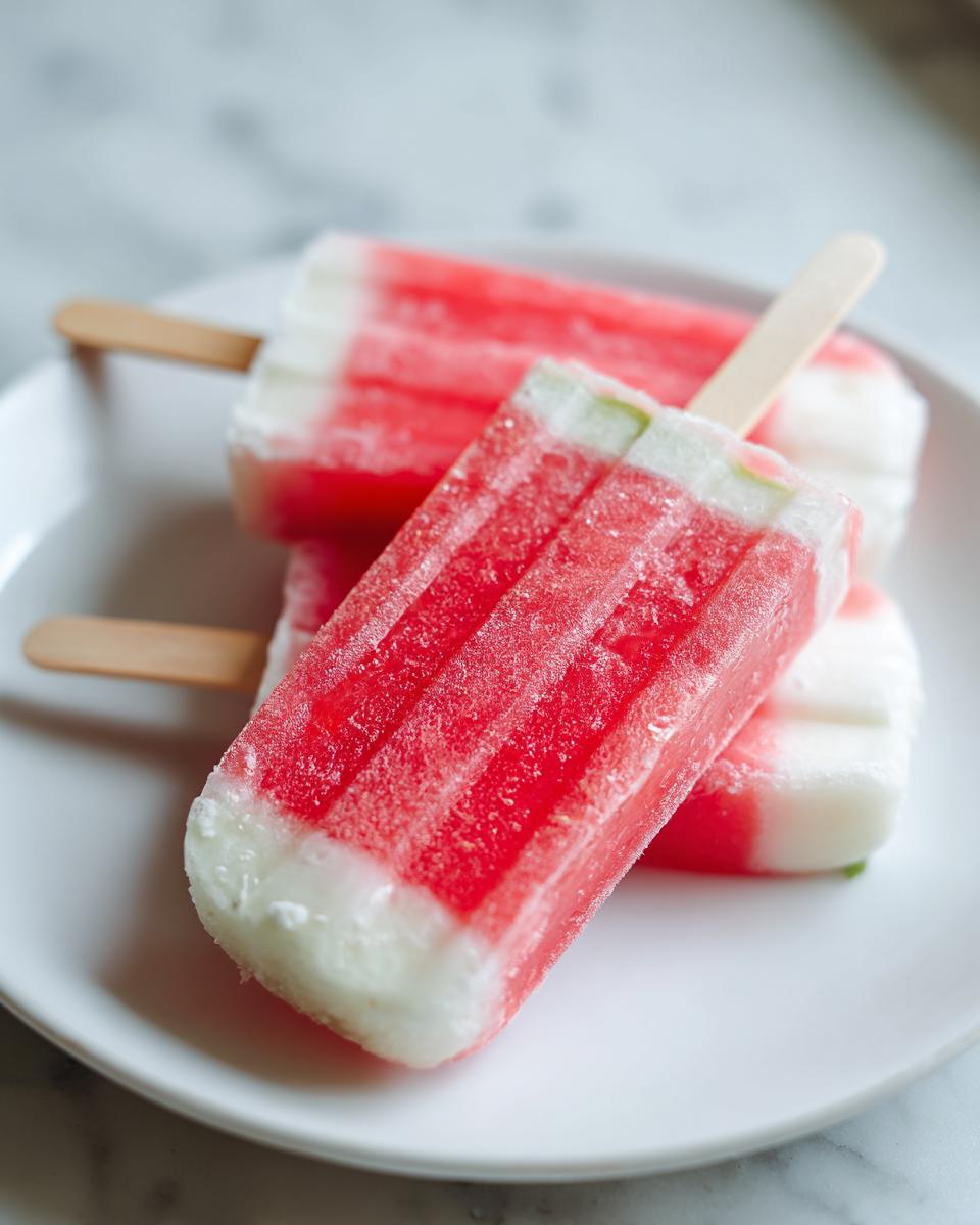 Three refreshing watermelon recipes with coconut lime popsicles on a white plate.