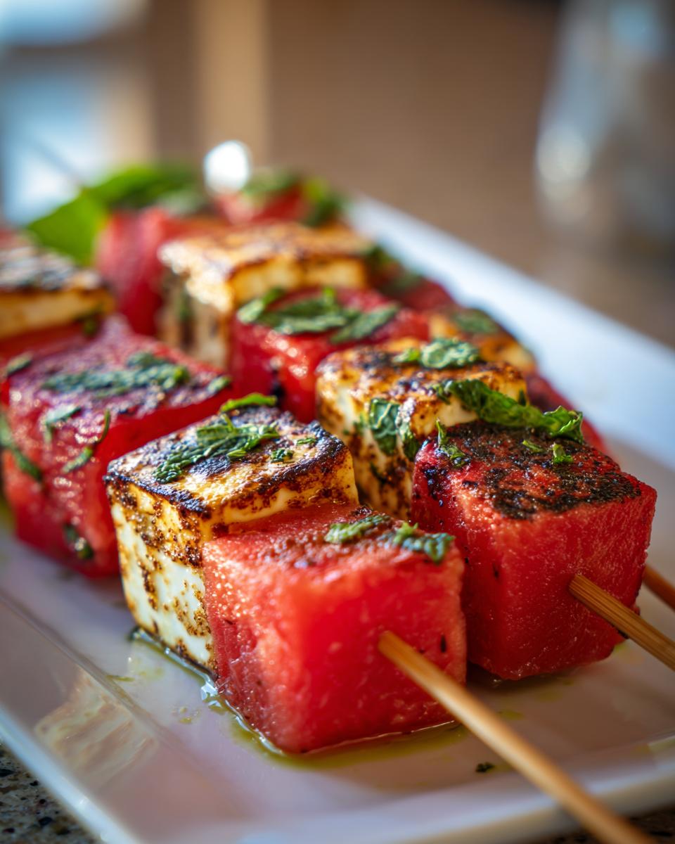 Close-up of grilled watermelon skewers with halloumi cheese and fresh mint, ready to serve.