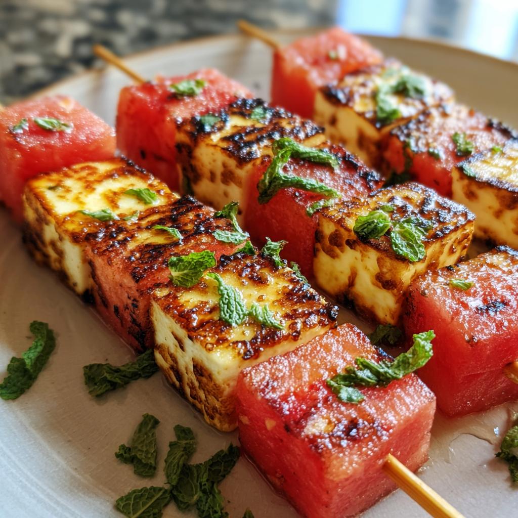Close-up of grilled watermelon and halloumi cheese skewers with fresh mint.