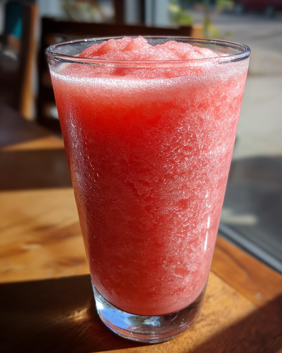 Close-up of a tall glass filled with a vibrant, icy watermelon slushy, perfect for summer.