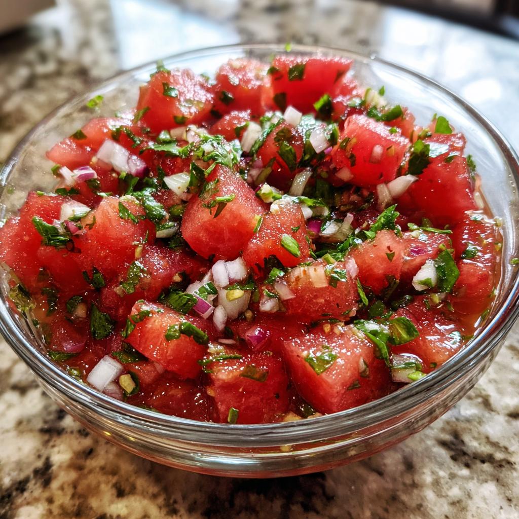 A clear bowl filled with vibrant watermelon salsa, featuring diced watermelon, red onion, and cilantro.