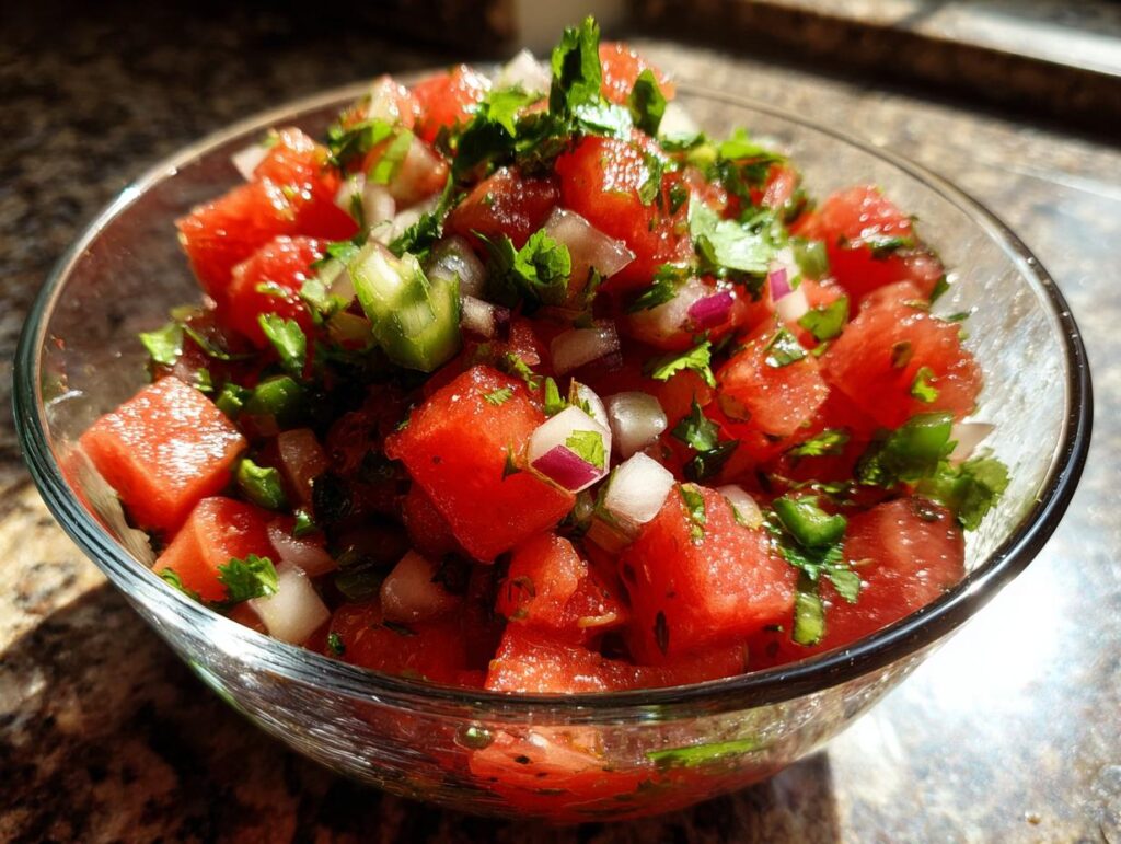 A close-up of a clear glass bowl filled with refreshing watermelon salsa, featuring diced watermelon, red onion, cilantro, and jalapeno.