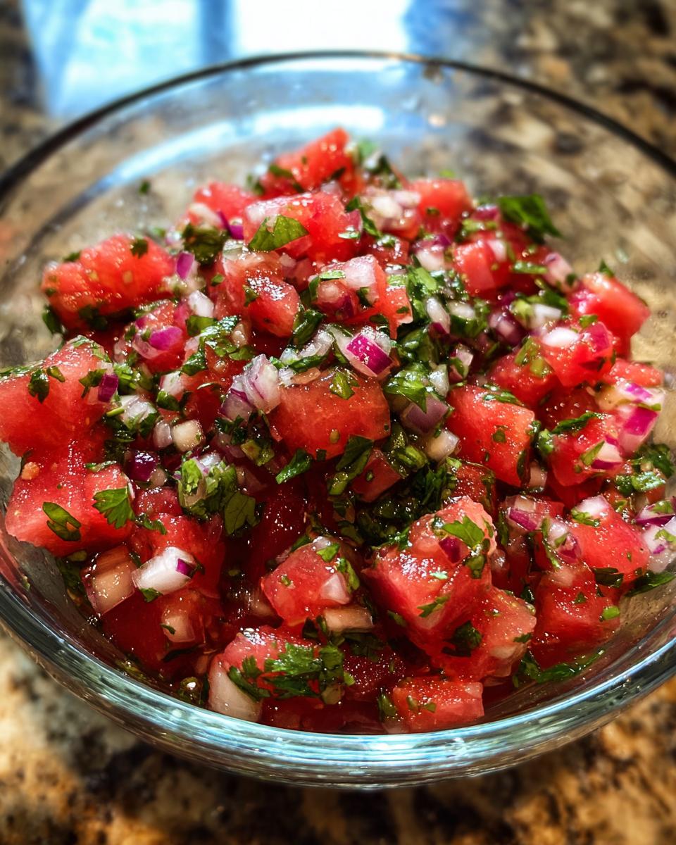 Close-up of a bowl filled with fresh watermelon salsa, featuring diced watermelon, red onion, and cilantro.