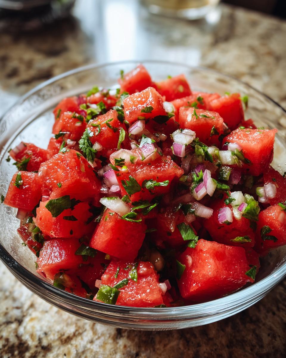 Close-up of a clear bowl filled with diced watermelon, red onion, and cilantro, perfect for watermelon recipes.