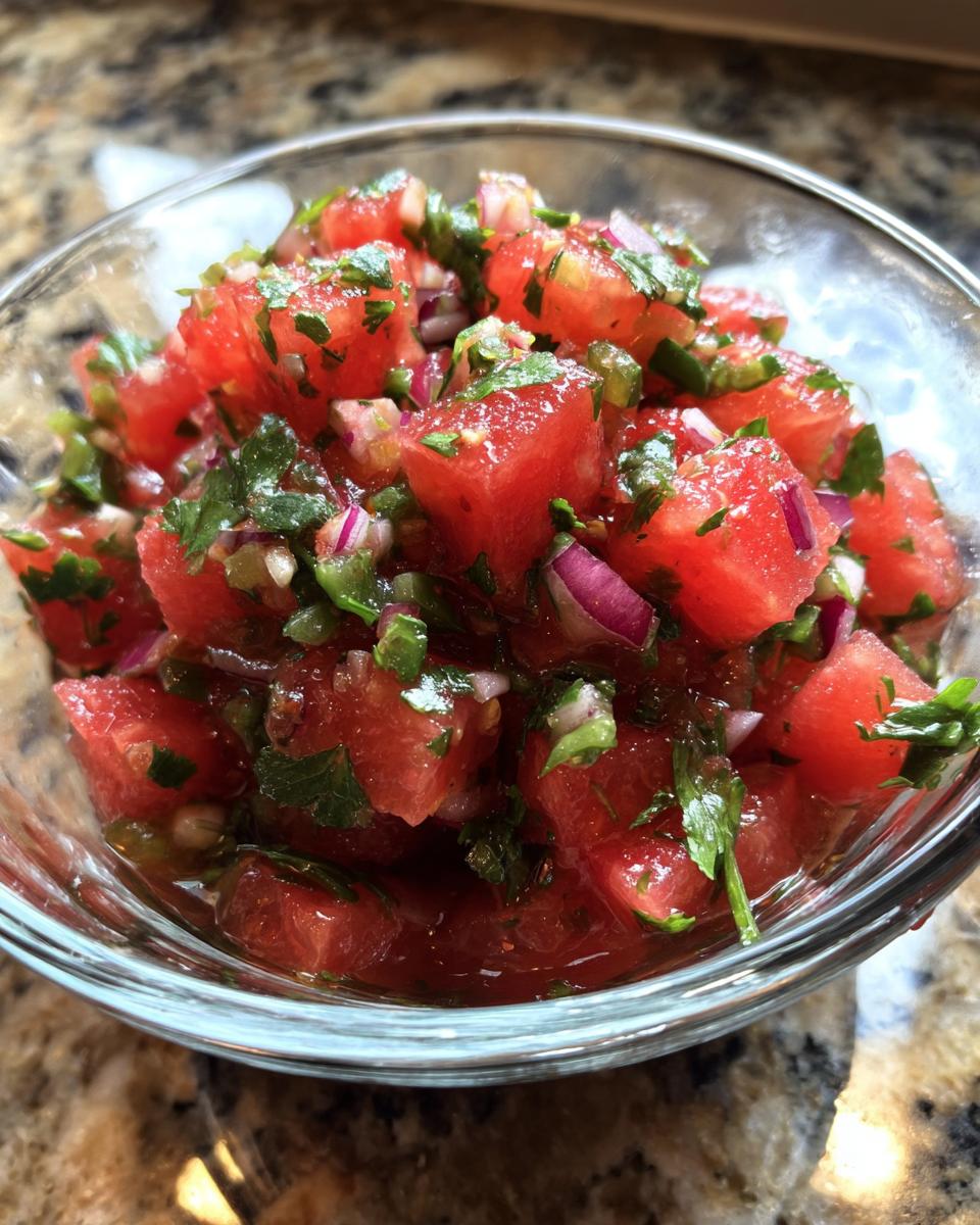 Close-up of a glass bowl filled with vibrant watermelon salsa, featuring diced watermelon, red onion, and cilantro.