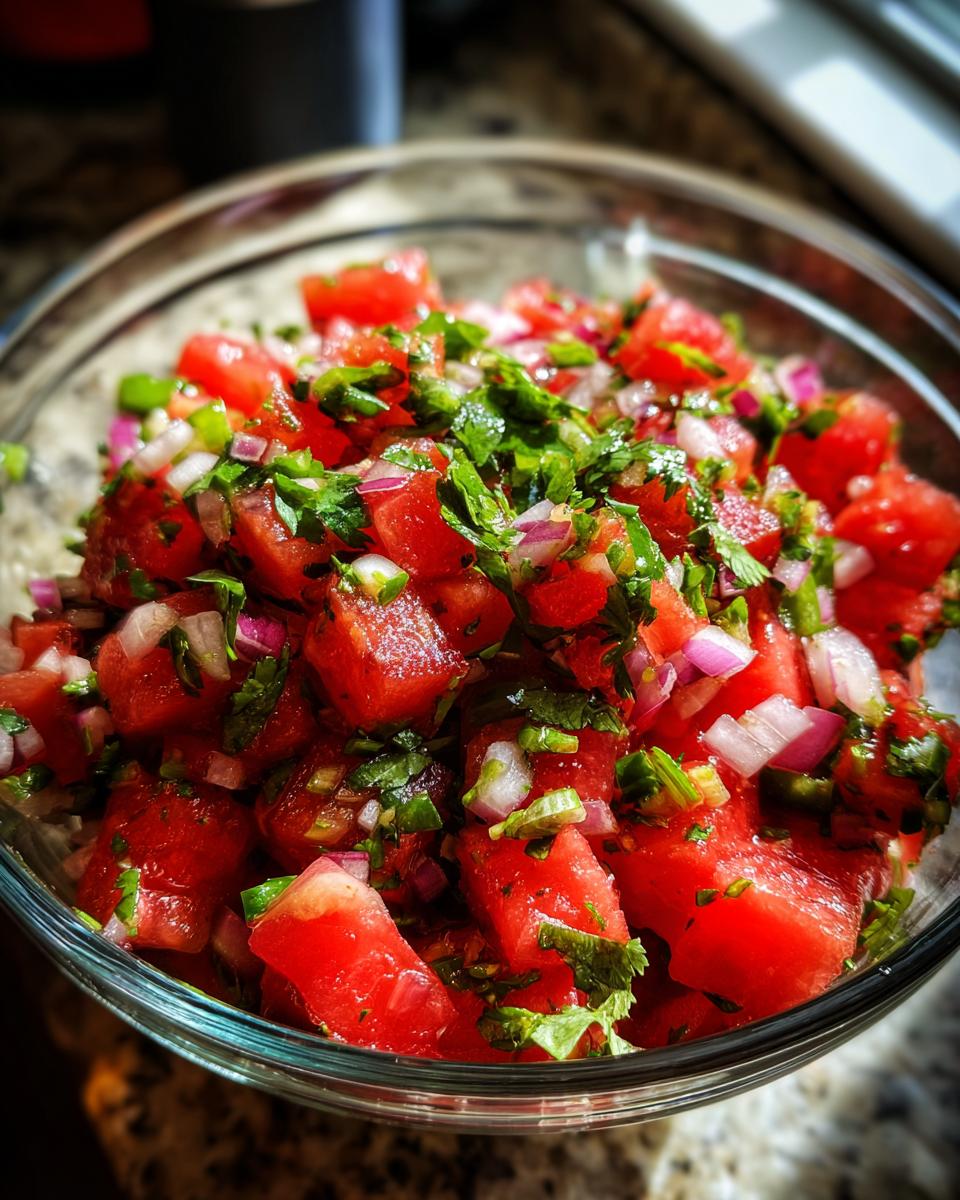 A close-up of fresh watermelon salsa with diced watermelon, red onion, cilantro, and jalapeno in a glass bowl.