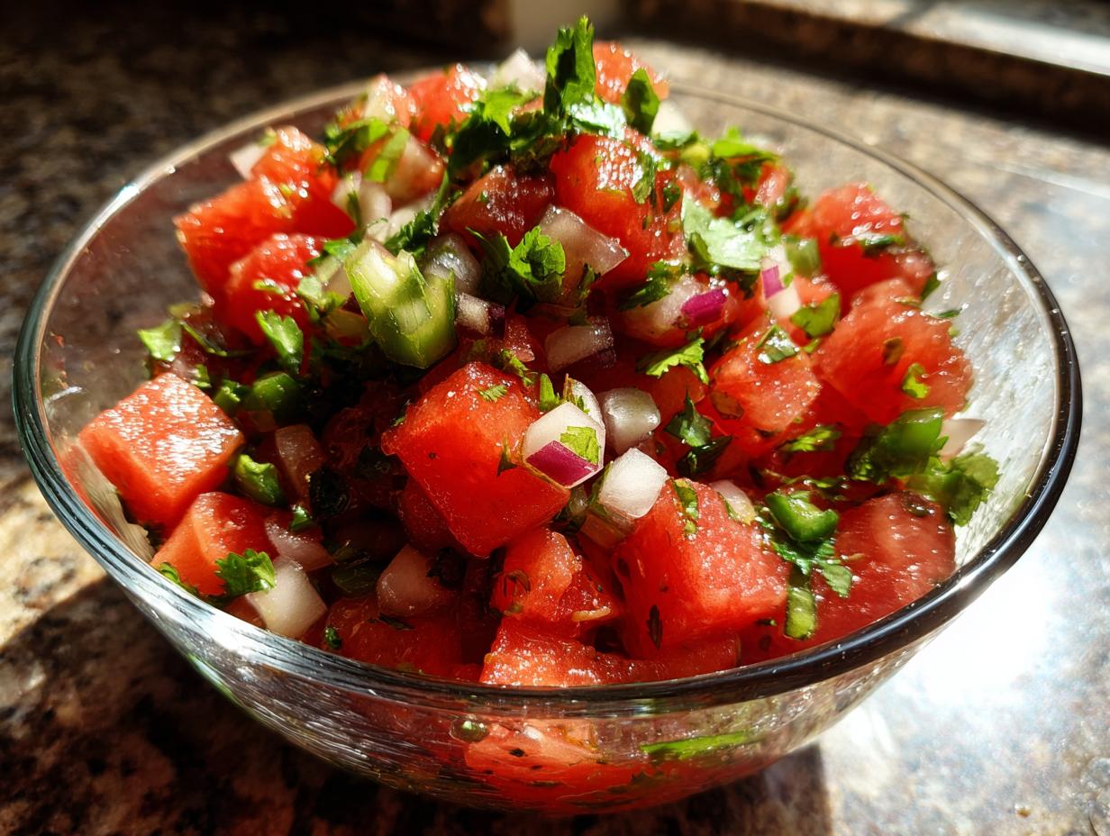 A close-up of a clear glass bowl filled with refreshing watermelon salsa, featuring diced watermelon, red onion, cilantro, and jalapeno.