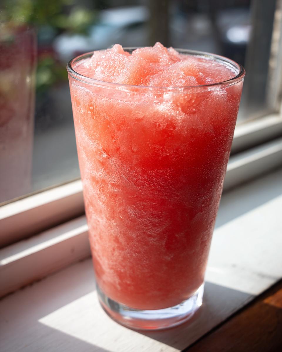 A tall glass filled with a frosty watermelon slushy, perfect for a hot day.