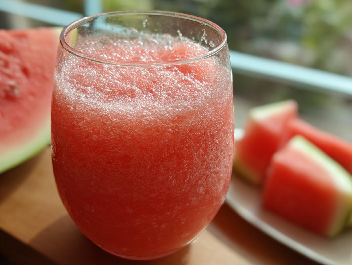 A close-up of a glass filled with a frothy watermelon slushy, with fresh watermelon slices in the background.
