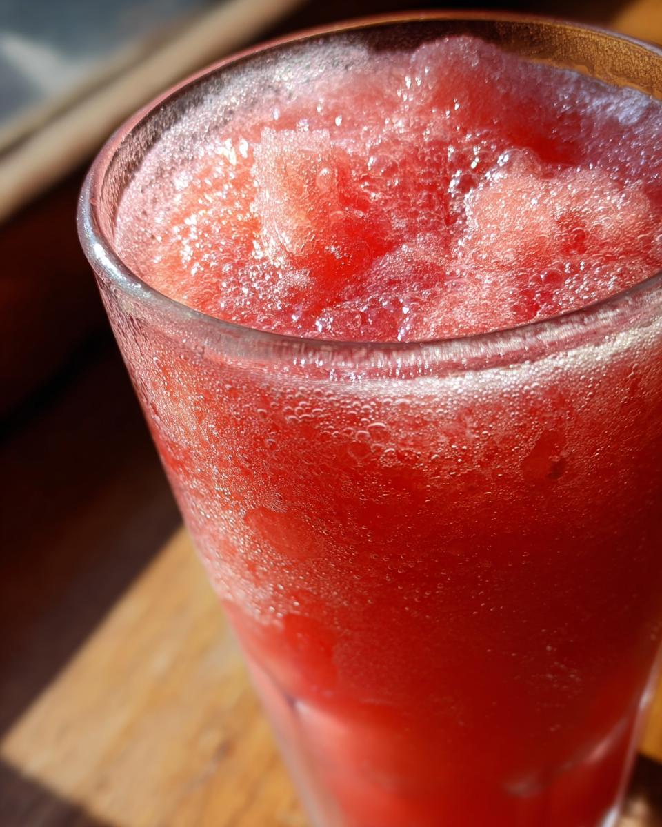 Close-up of a frosty glass filled with a vibrant red watermelon slushy, perfect for a hot day.
