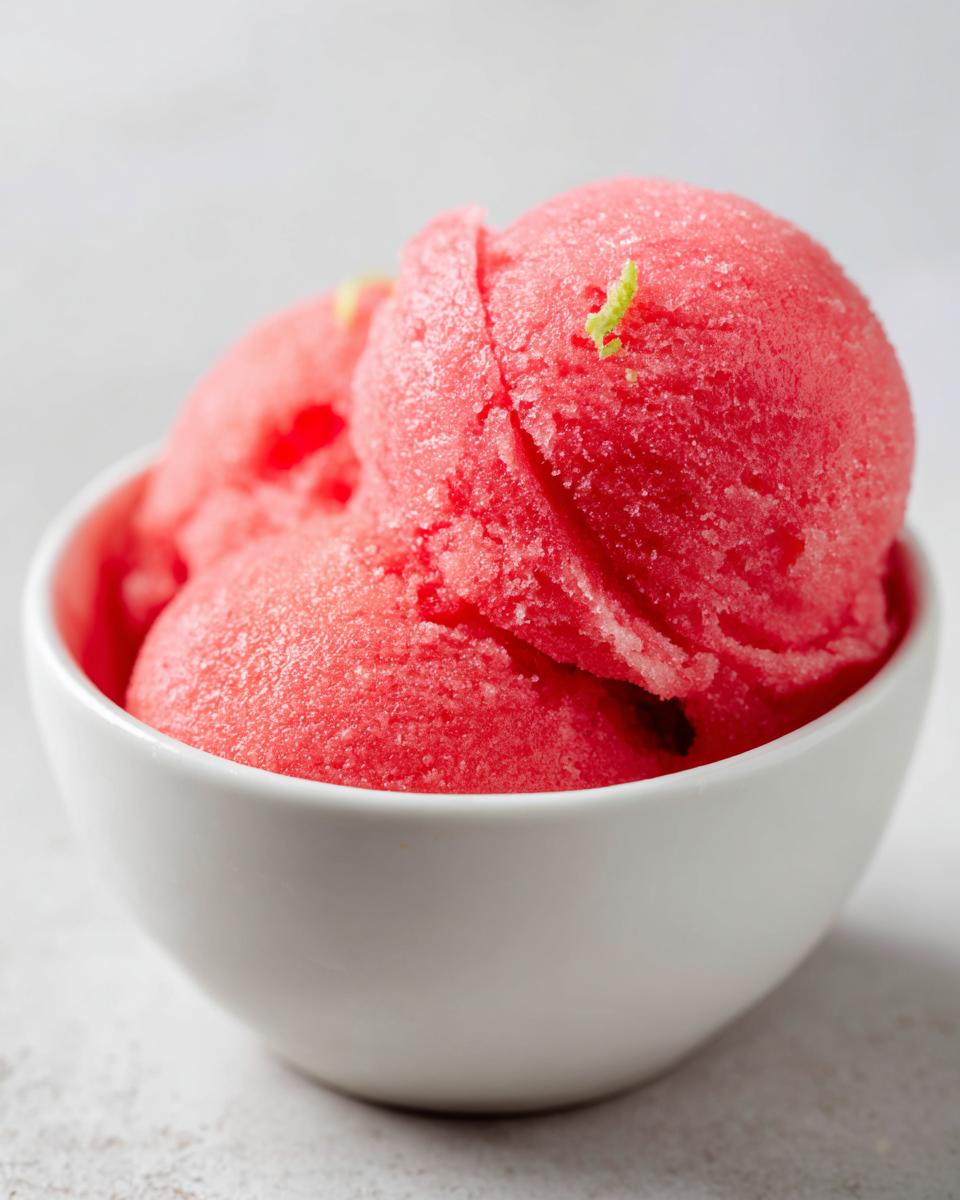 Close-up of a white bowl filled with scoops of vibrant pink watermelon sorbet, garnished with lime zest.